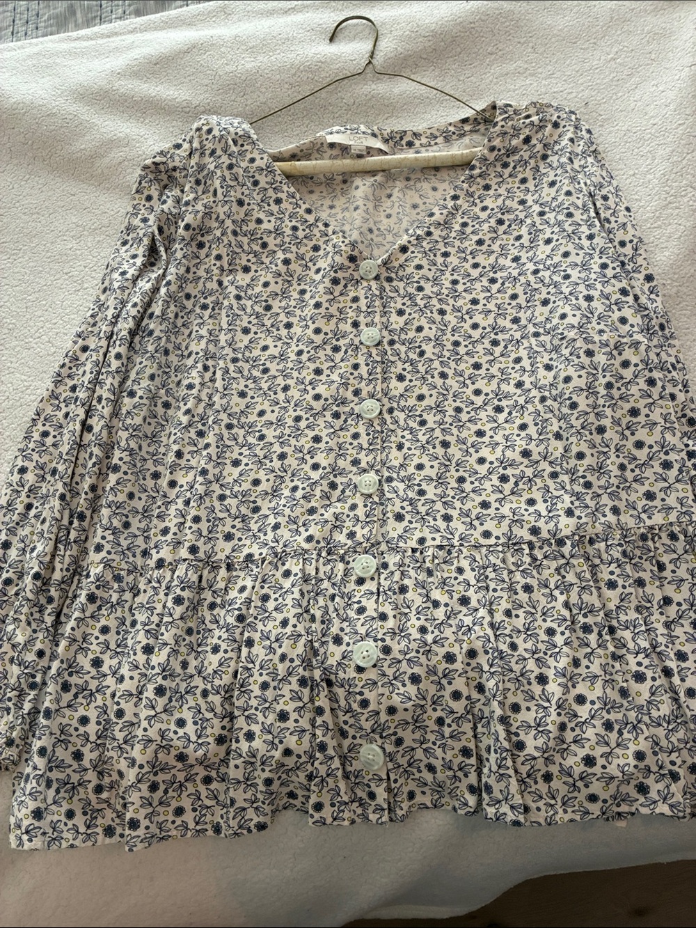 LOFT Ivory Top with Navy Floral Print